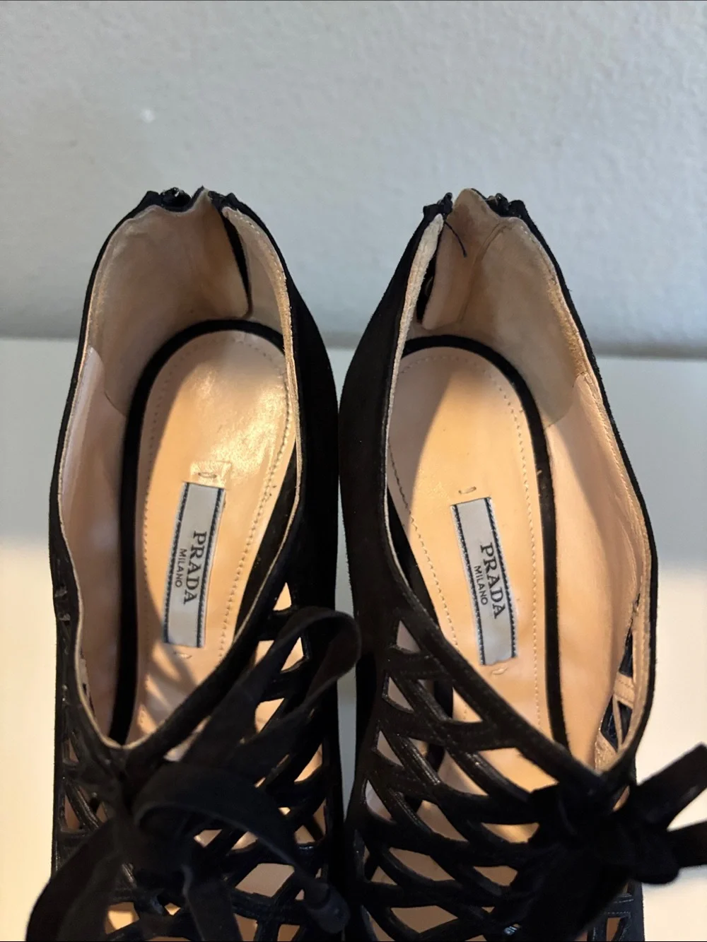 Vintage PRADA Black Suede Caged Lace-Up Platform Heels